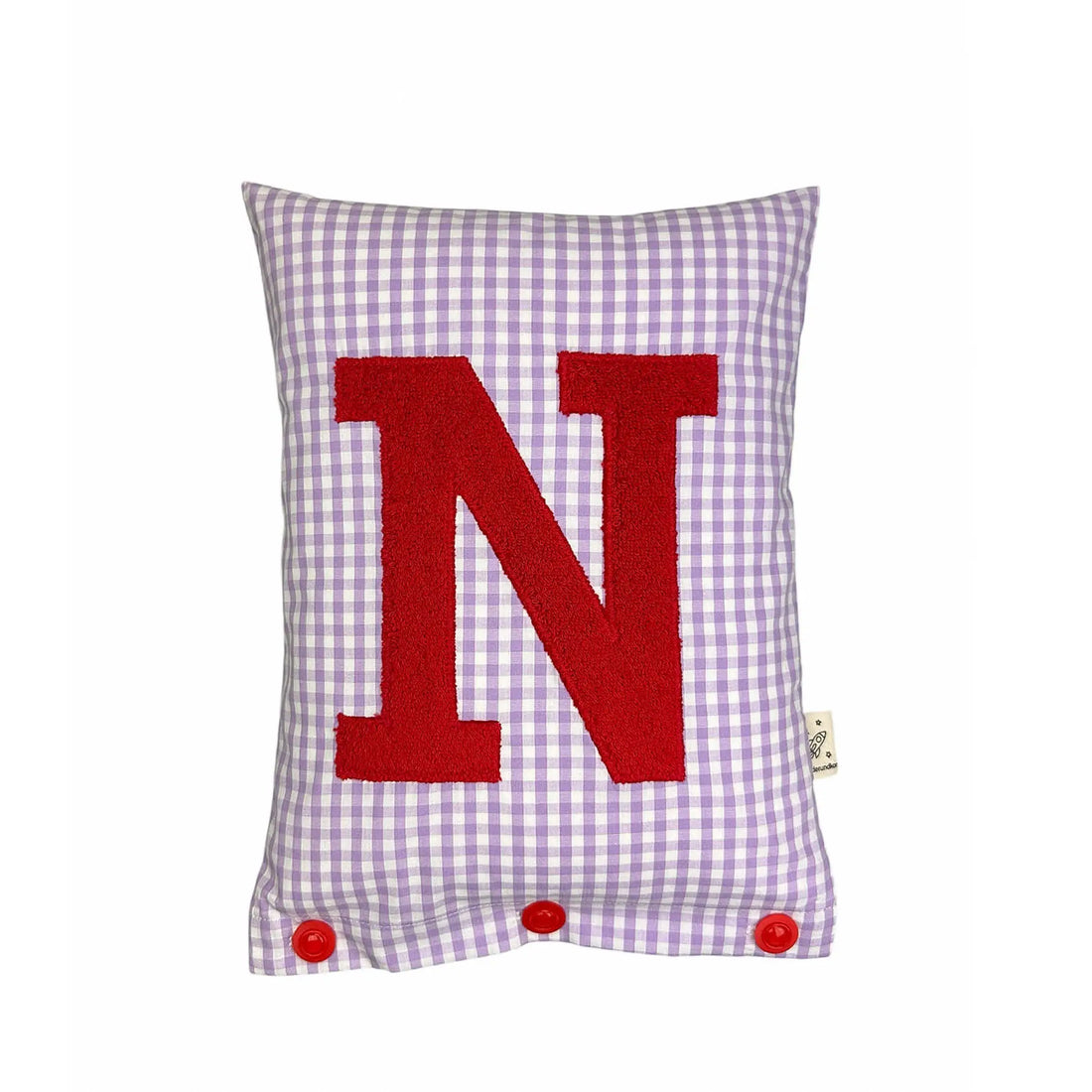 Letter Cushion N – Red on lilac Gingham