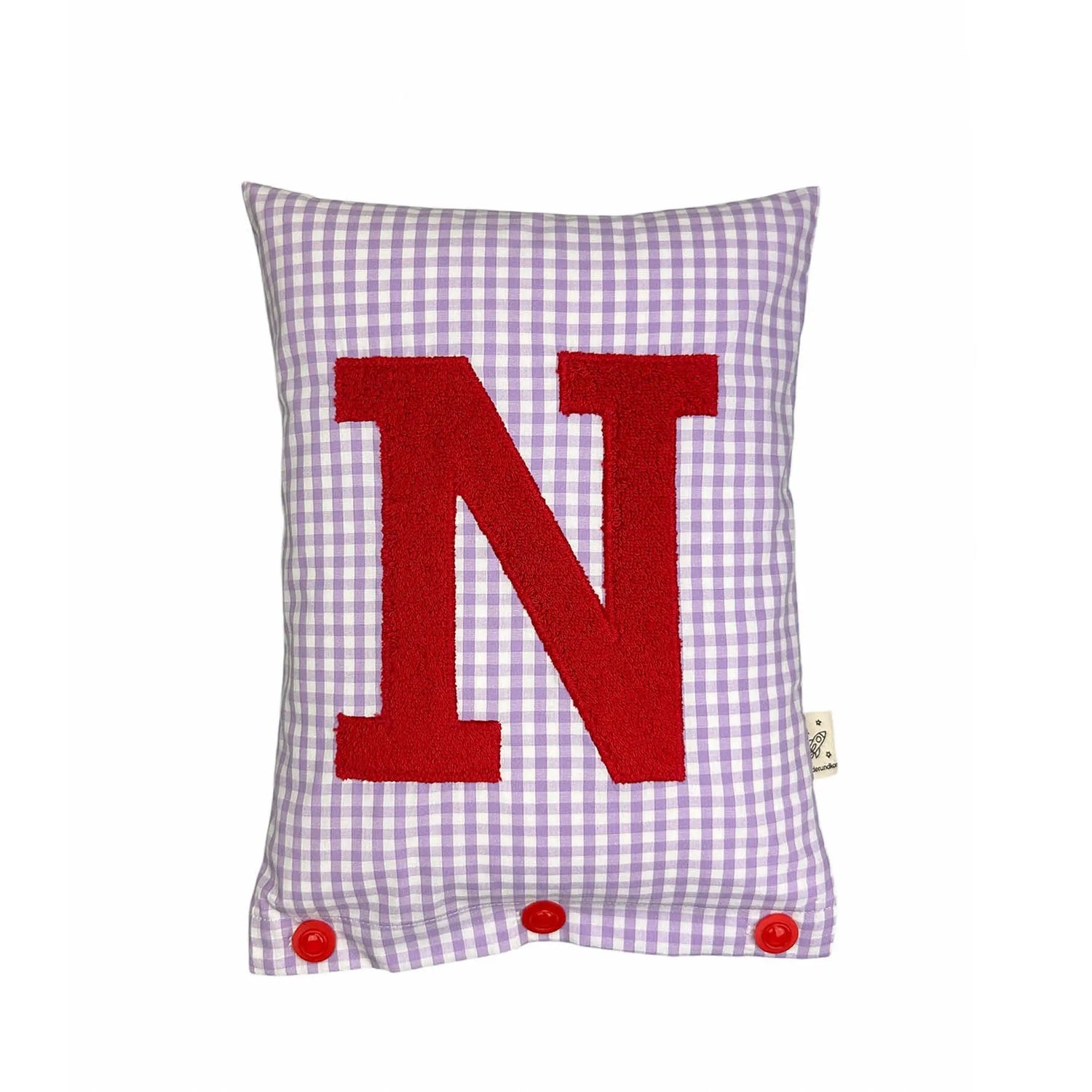 Letter Cushion N – Red on lilac Gingham