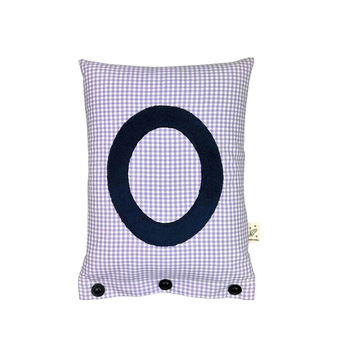 Letter Cushion O – Navy Blue on lilac Gingham