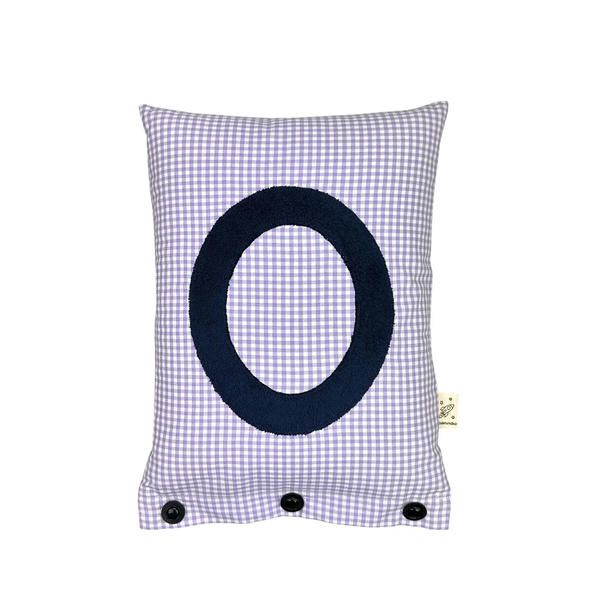 Letter Cushion O – Navy Blue on lilac Gingham