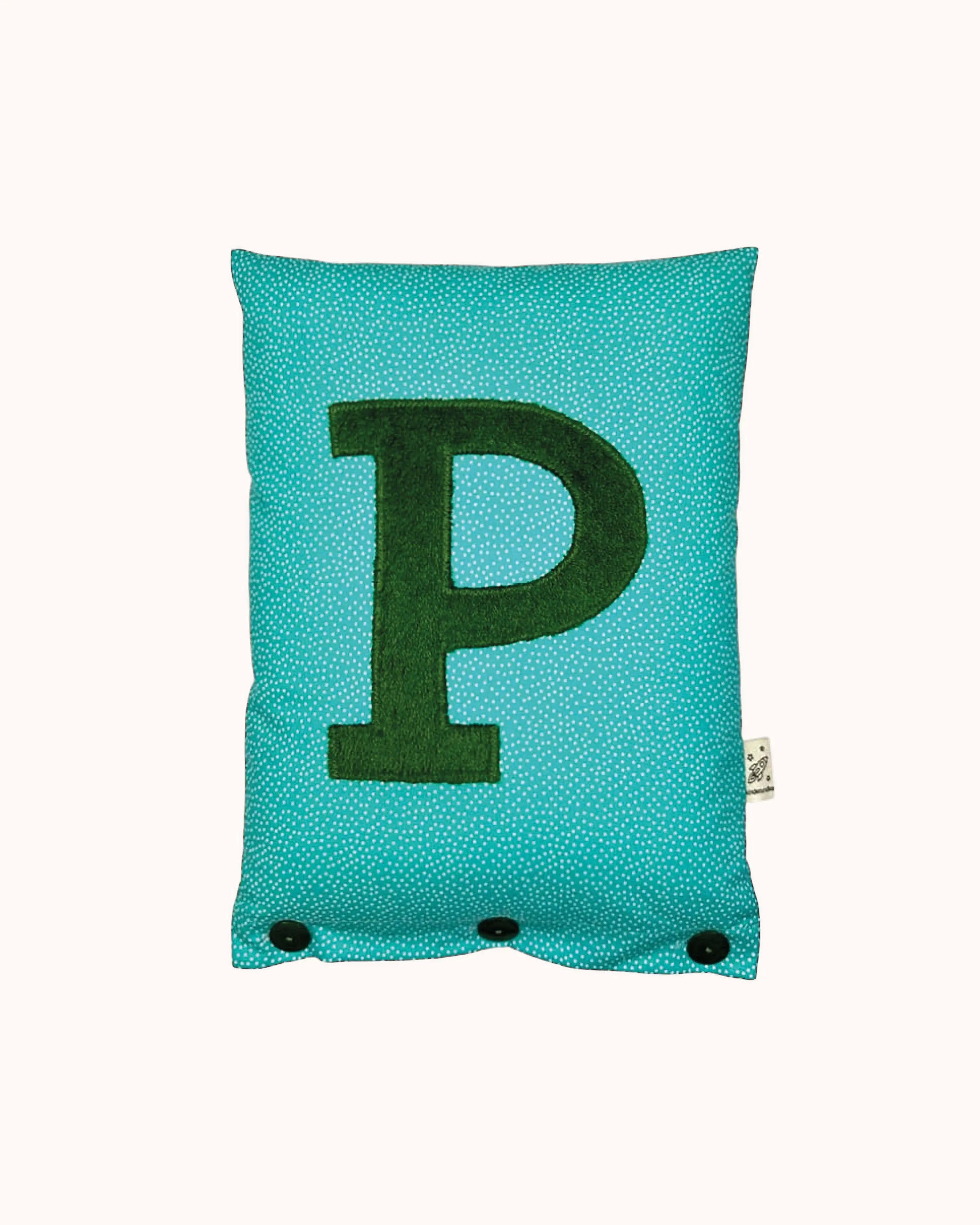 Letter Cushion Dark Green on Turquoise with white Dotties
