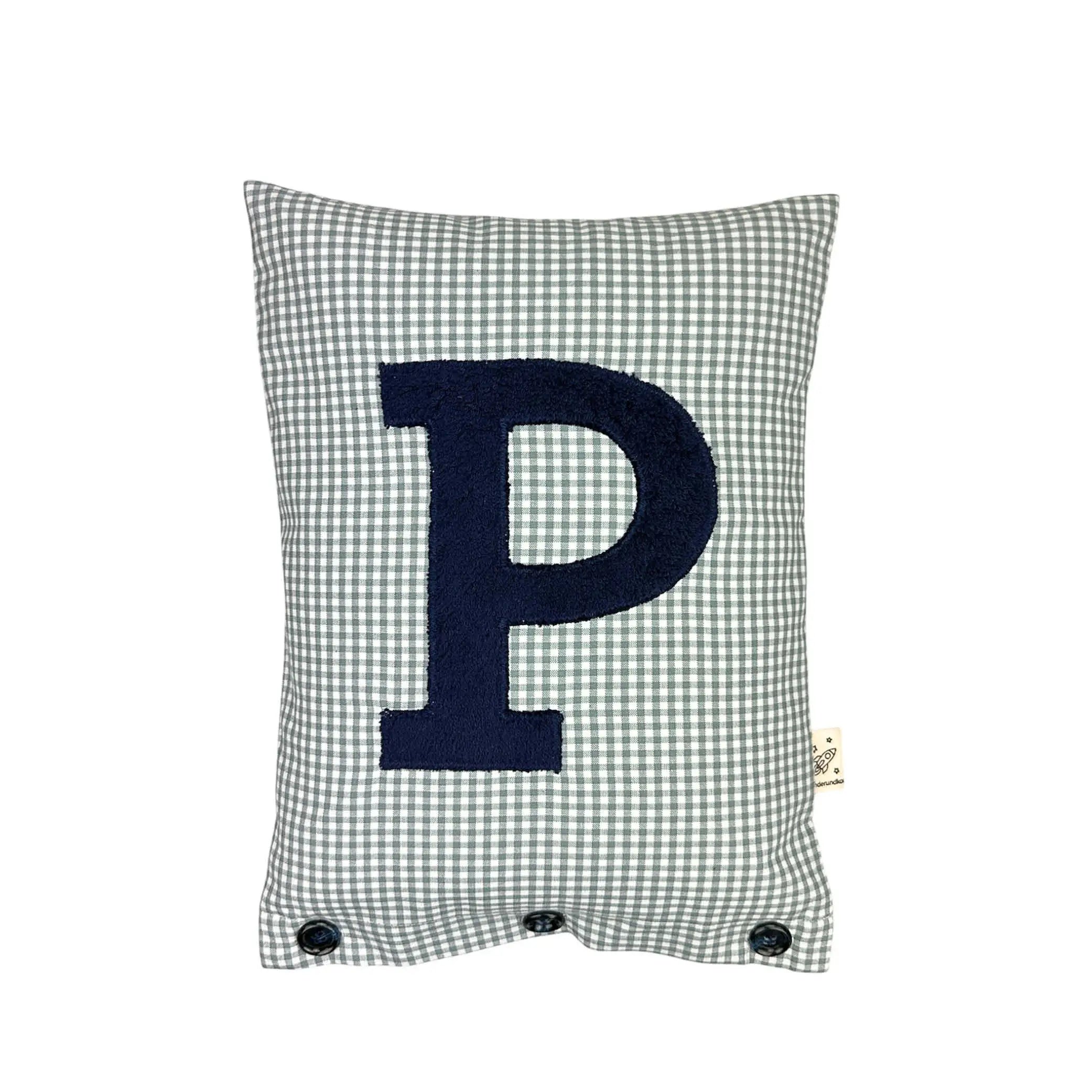 Letter Cushion P – Navy Blue on grey Gingham