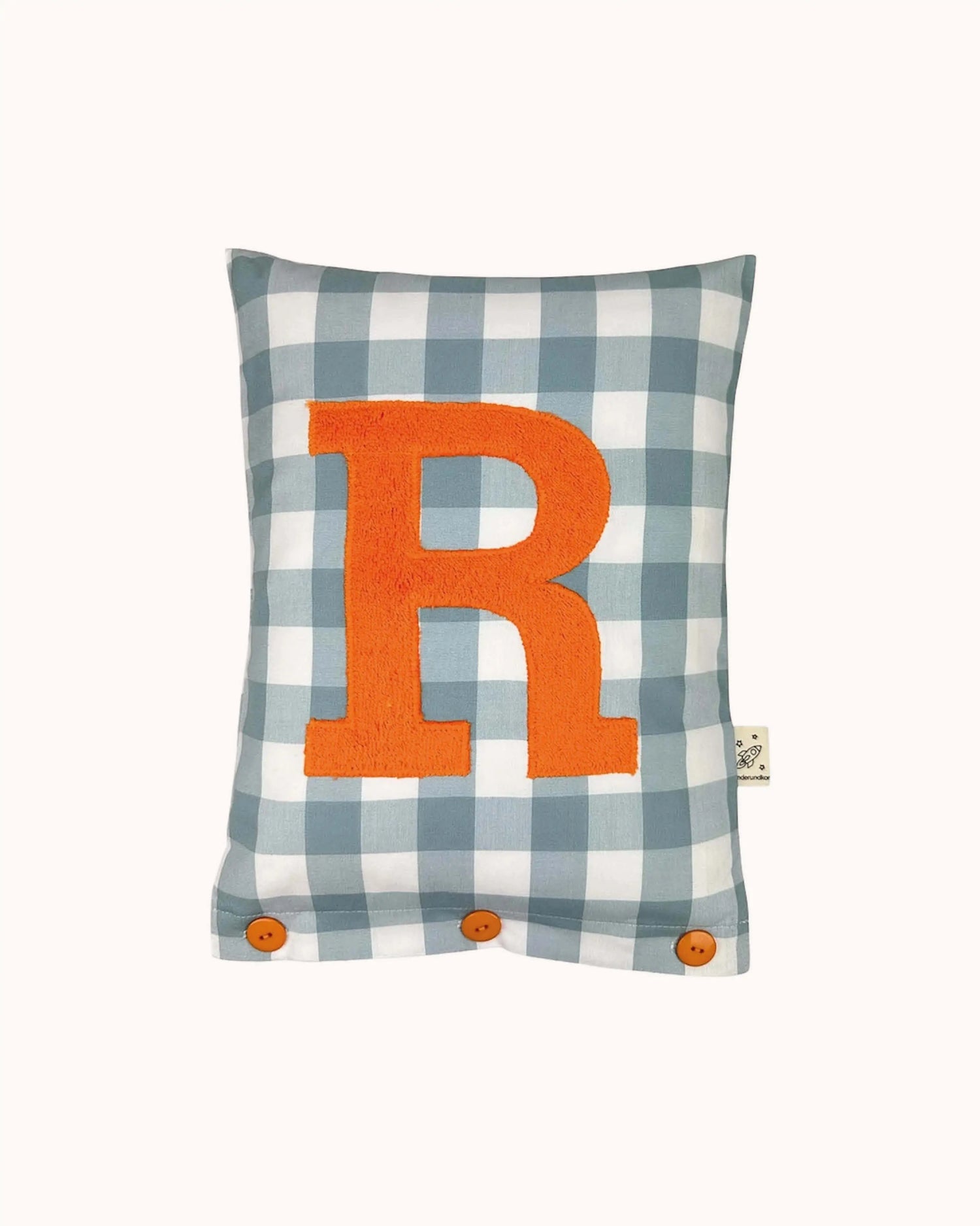 Buchstabenkissen Orange auf Taubenblau Vichykaro