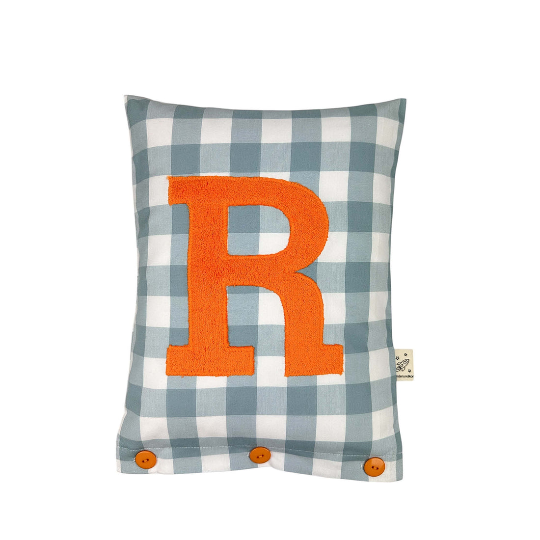 Letter Cushion Orange on Pigeon Blue Gingham