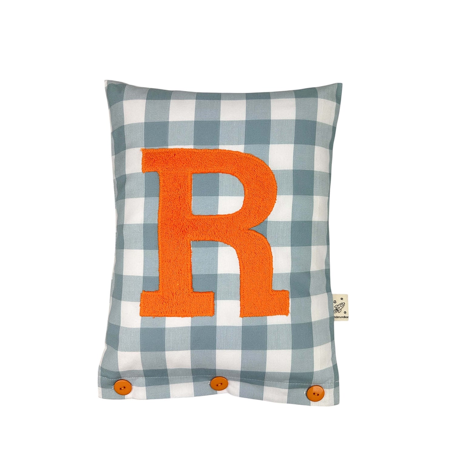 Coussin Lettre Orange sur Bleu Colombe Carreaux Vichy