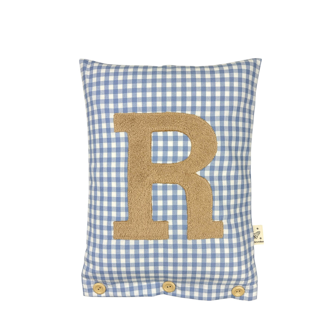 Letter Cushion Dark Beige on blue Gingham
