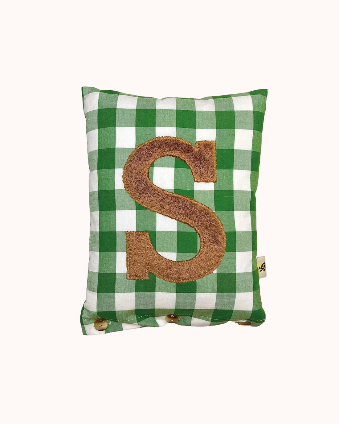 Buchstabenkissen Hellbraun auf Grasgrün Vichykaro
