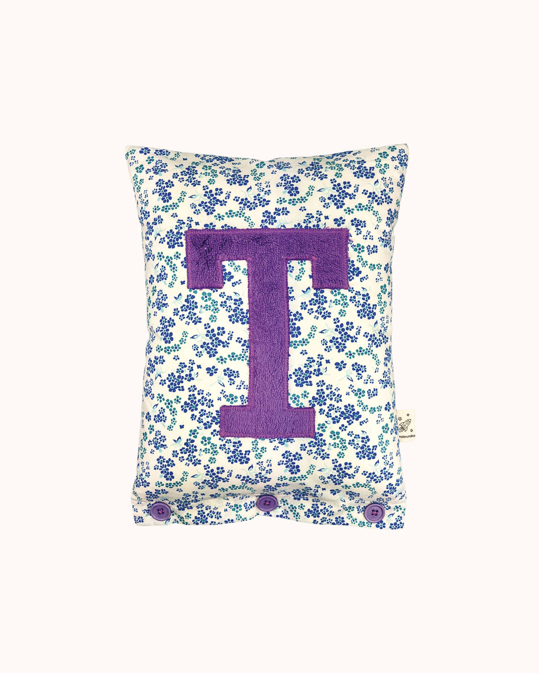 Letter Cushion Purple on White with small blue Flowers