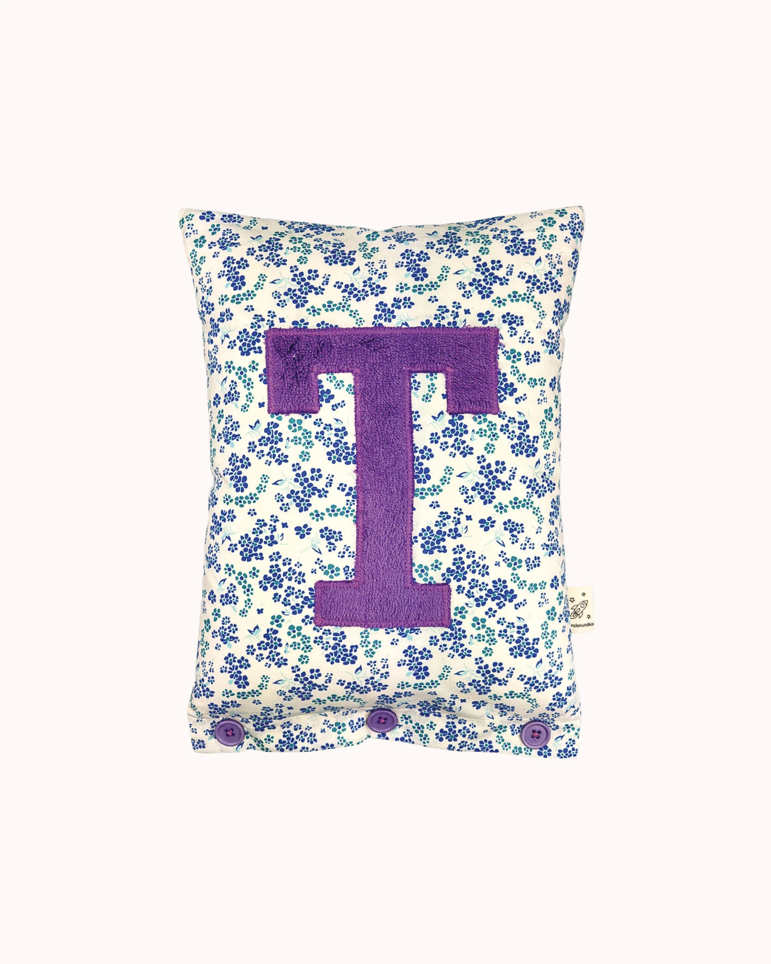 Letter Cushion Purple on White with small blue Flowers