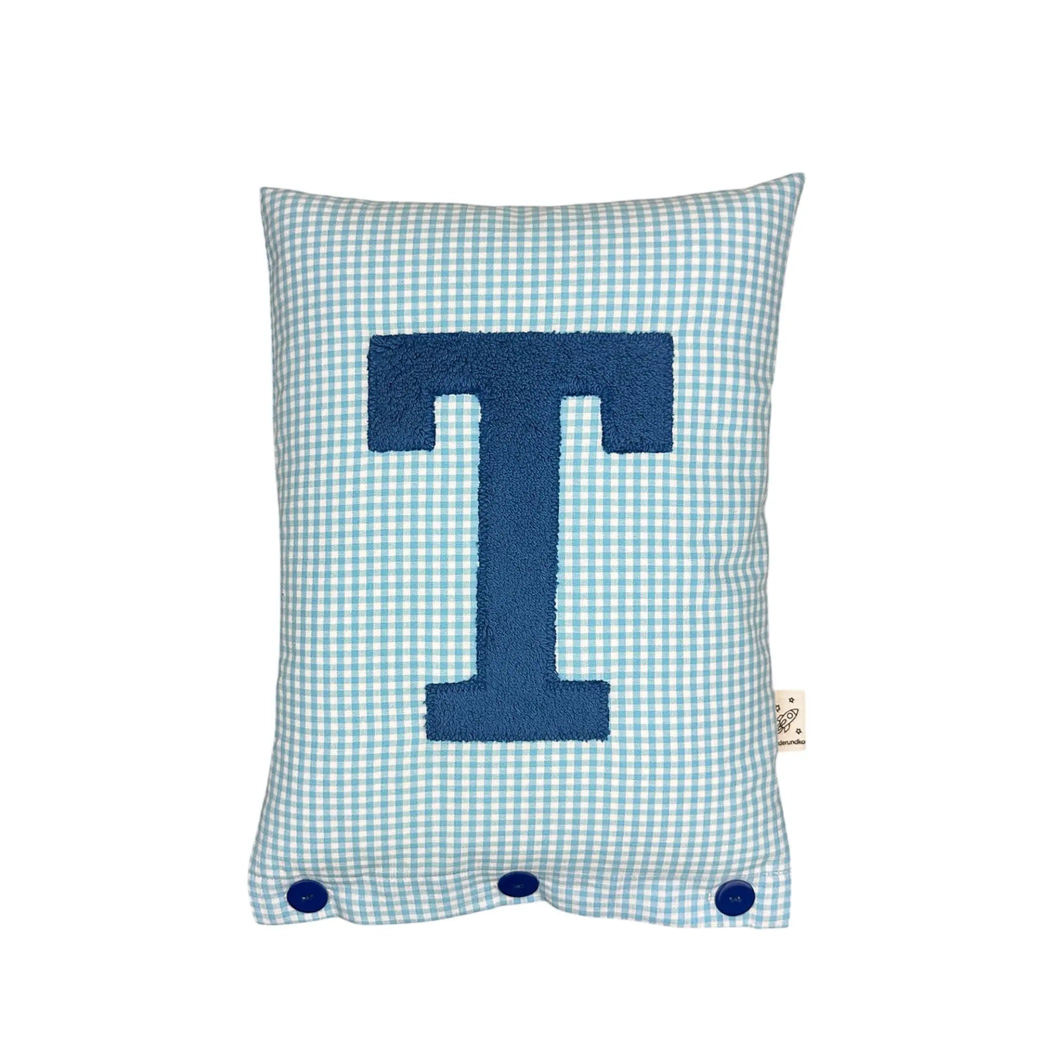 Letter Cushion T – prussian Blue on turquoise Gingham