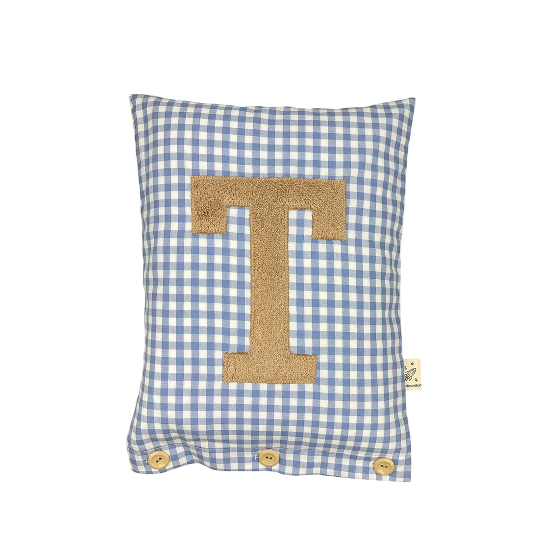 Letter Cushion Dark Beige on blue Gingham