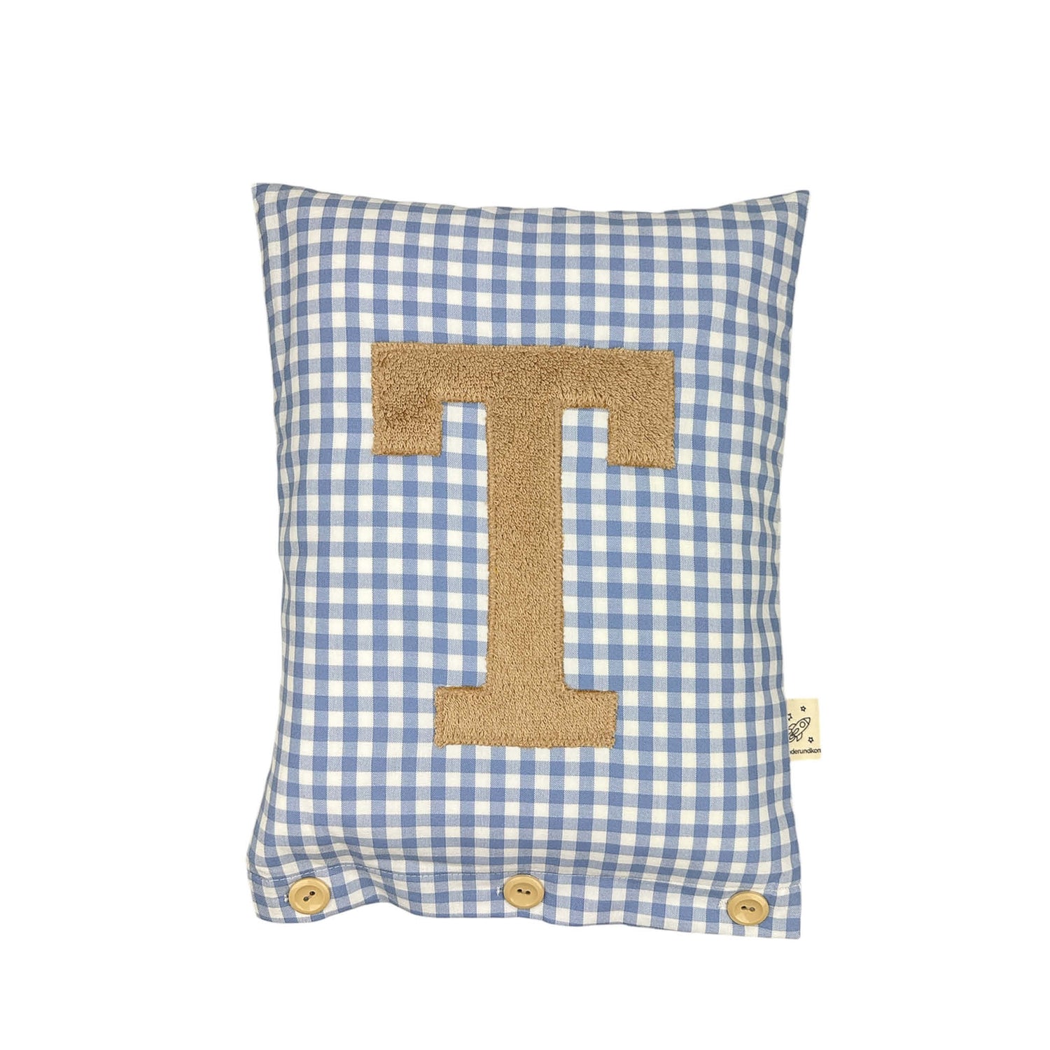 Coussin Lettre Beige Foncé sur bleu Carreaux Vichy