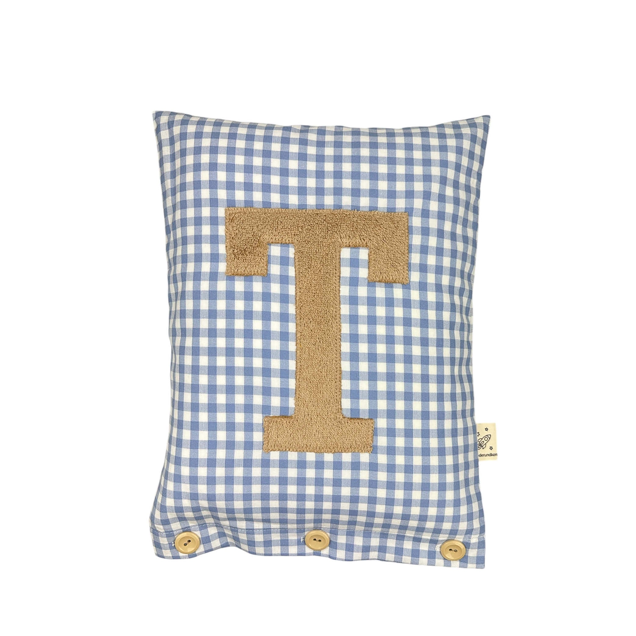 Coussin Lettre Beige Foncé sur bleu Carreaux Vichy