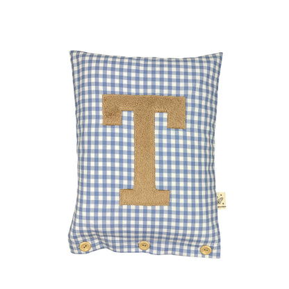 Coussin Lettre Beige Foncé sur bleu Carreaux Vichy