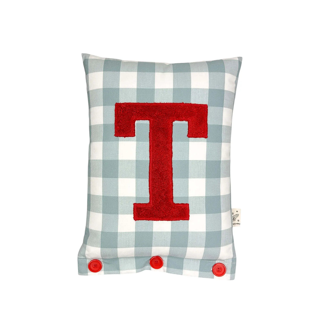 Letter Cushion T – Red on a large dove blue Gingham