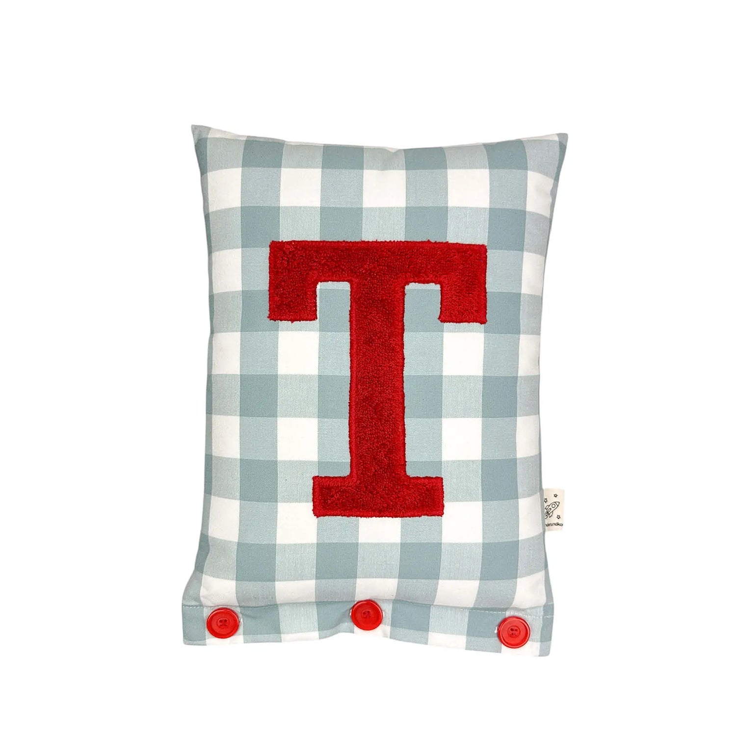 Letter Cushion T – Red on a large dove blue Gingham