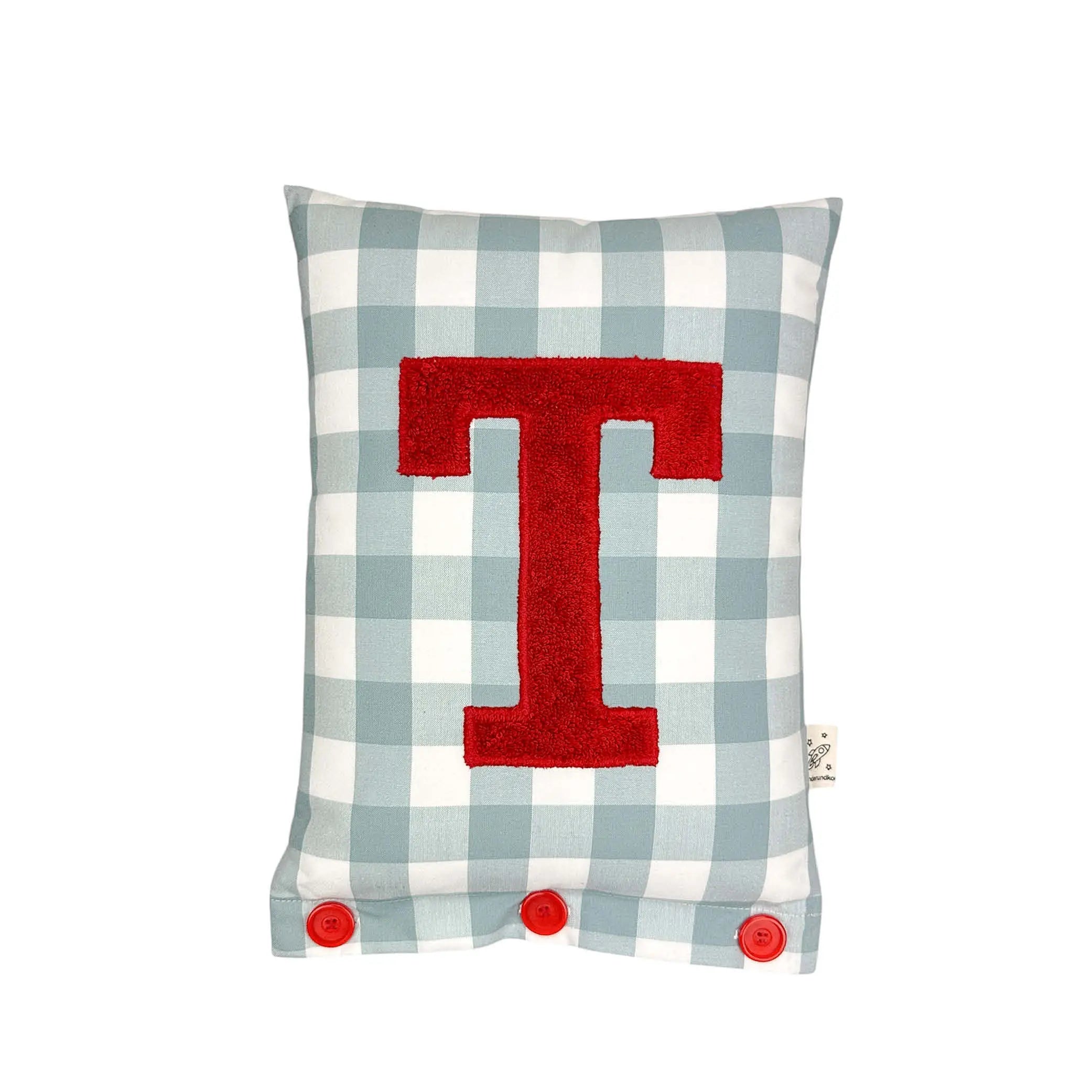 Letter Cushion T – Red on a large dove blue Gingham