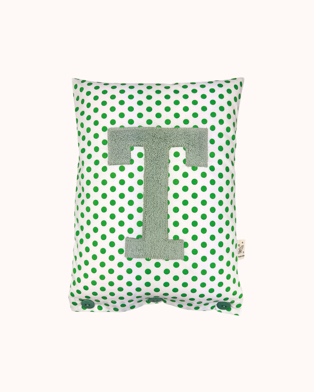 Letter Cushion Sage on White with green Dots