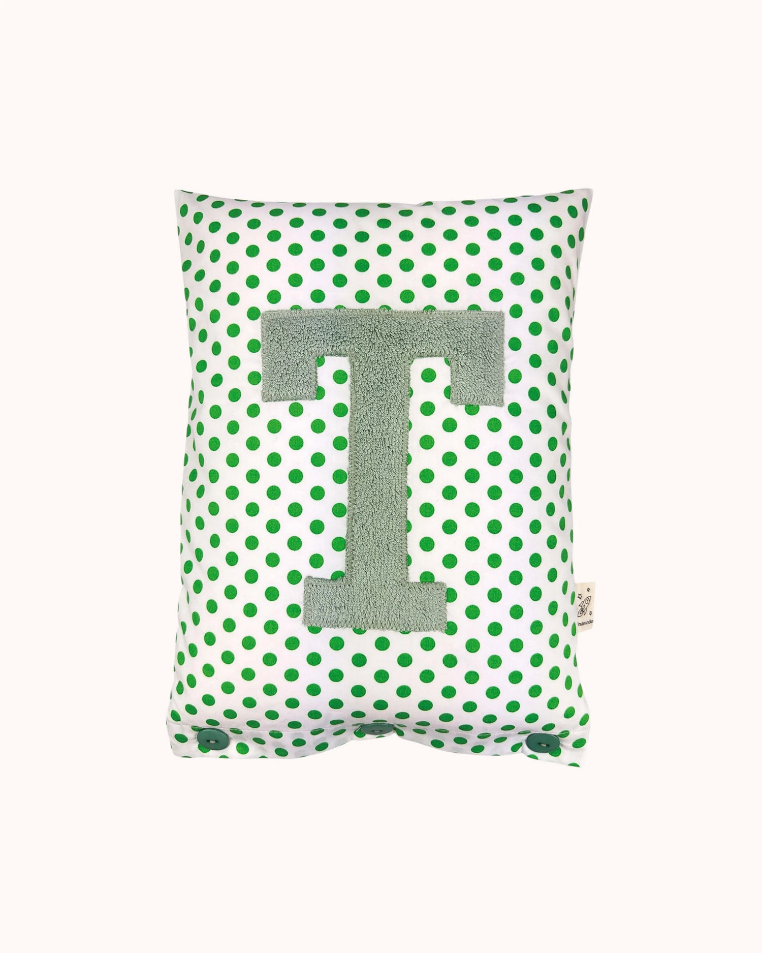 Letter Cushion Sage on White with green Dots