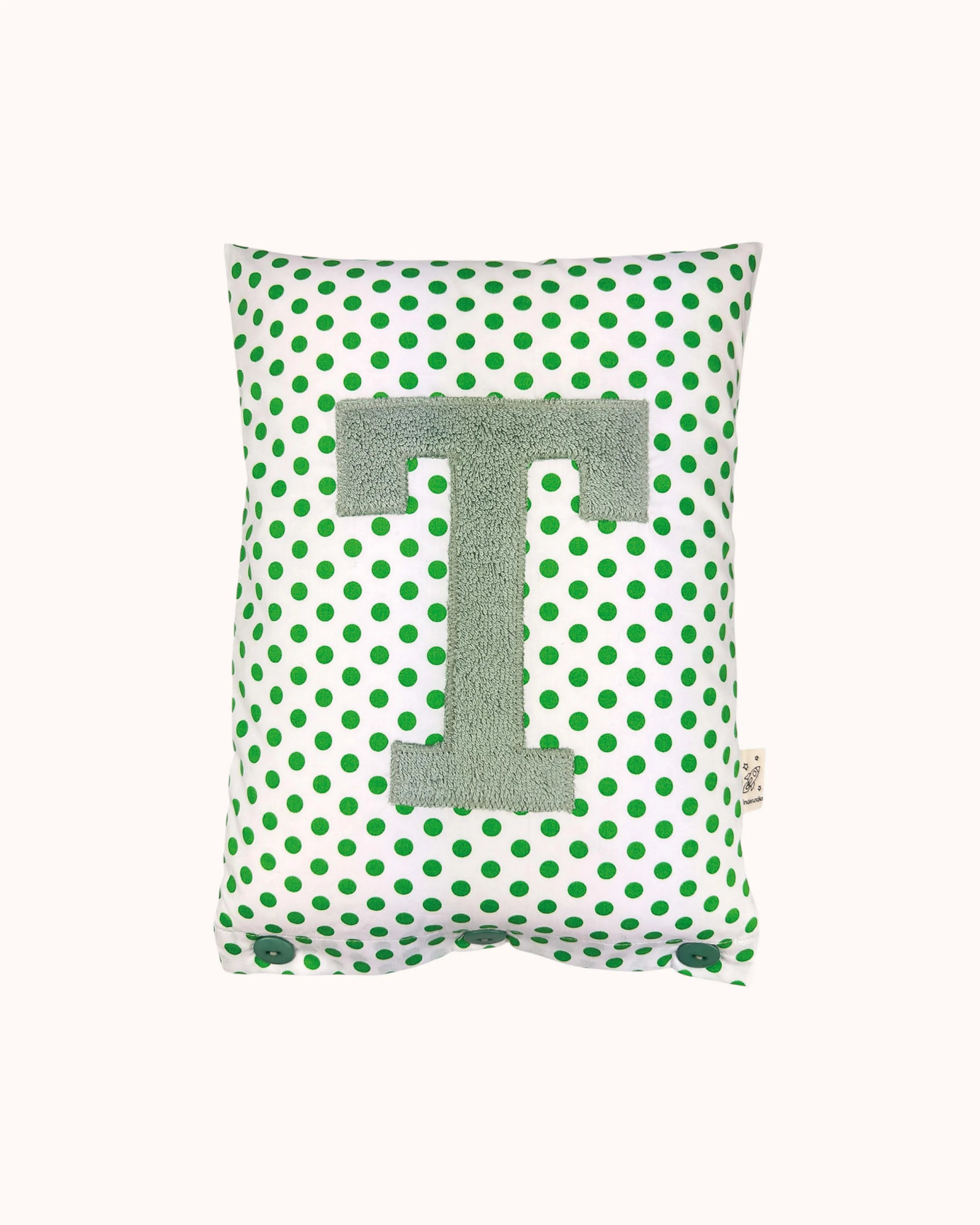 Letter Cushion Sage on White with green Dots