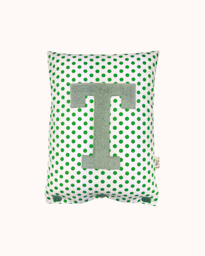 Letter Cushion Sage on White with green Dots