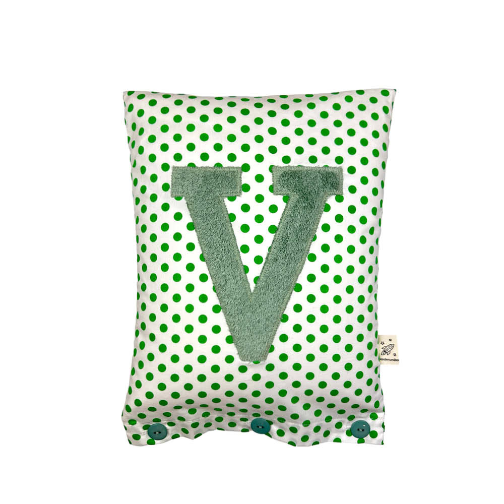 Letter Cushion V, Sage on White with green Dots