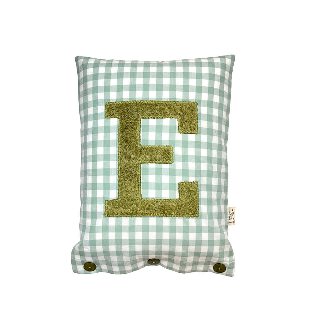 Letter Cushion D, Olive on a strong Sage Gingham
