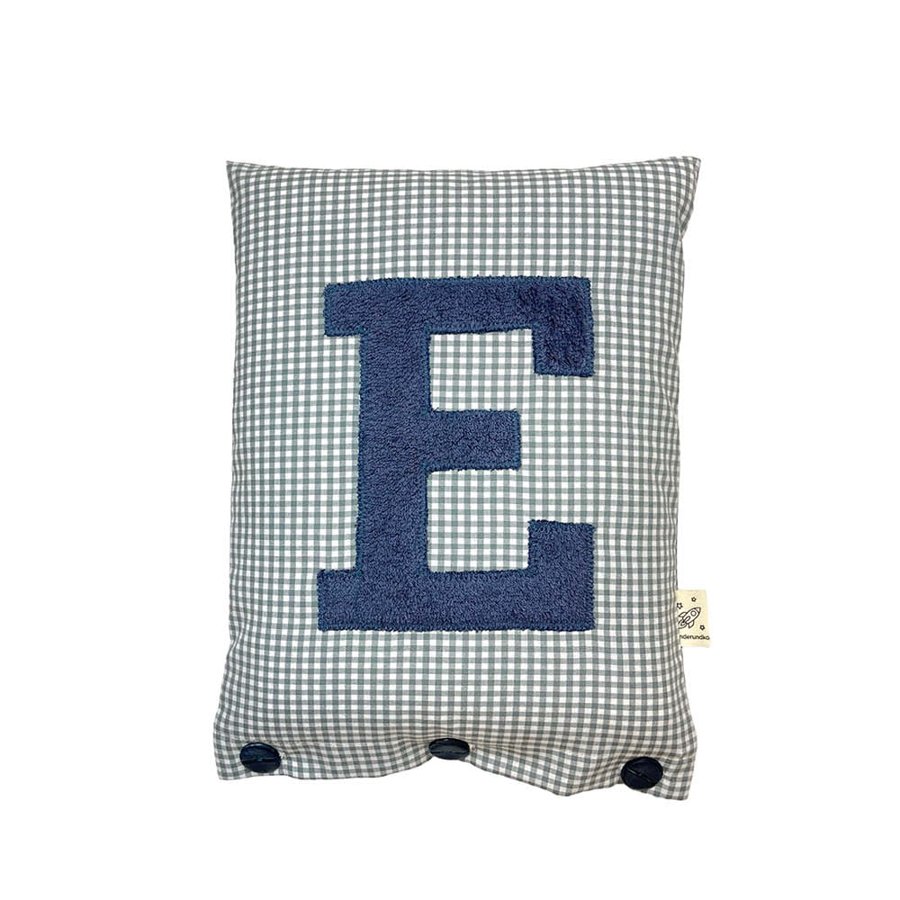 Letter Cushion E, Blue Grey on Grey Gingham