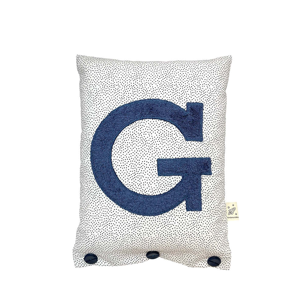 Letter Cushion G, Blue Grey on White with black Dots