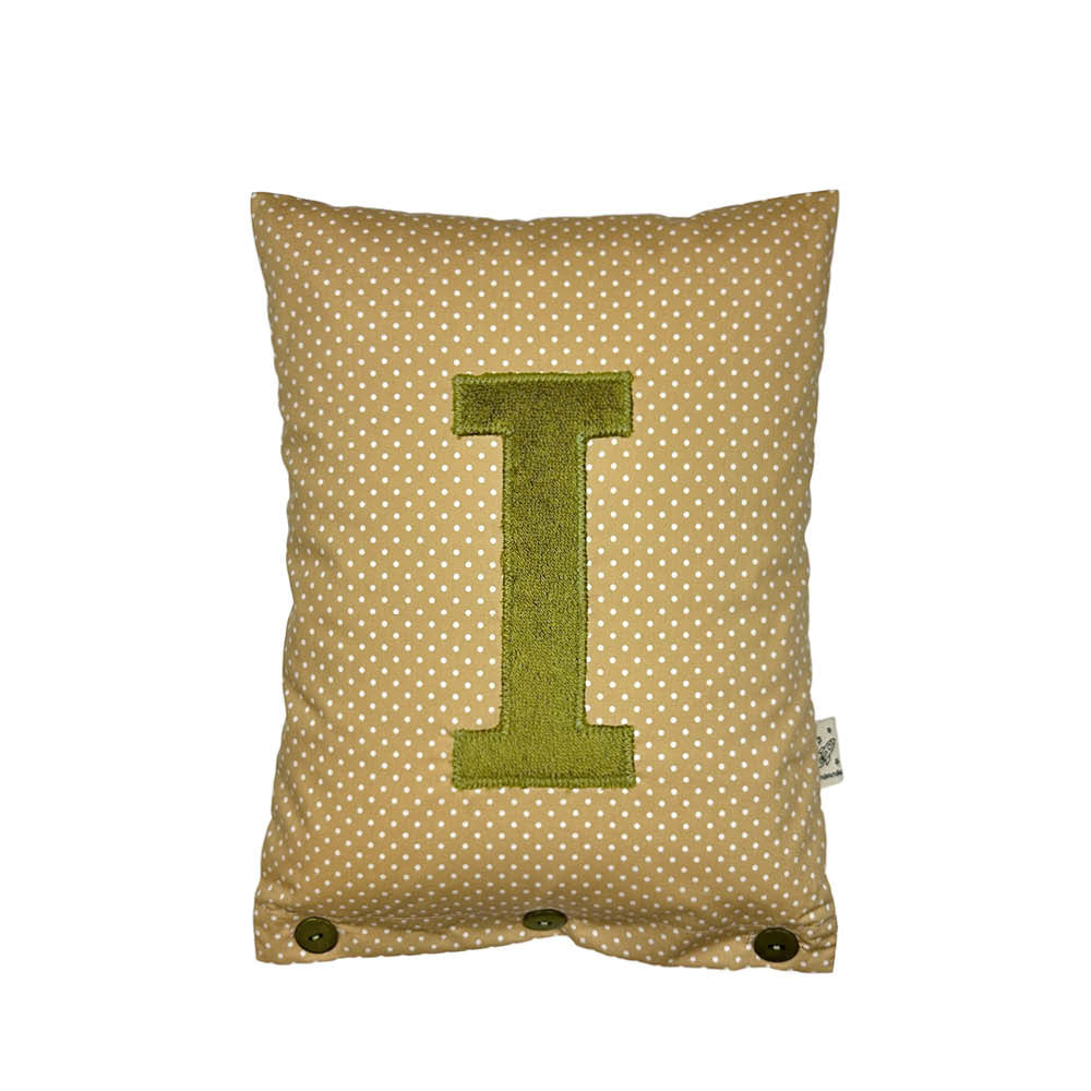Letter Cushion I, Olive on Beige with white Dots