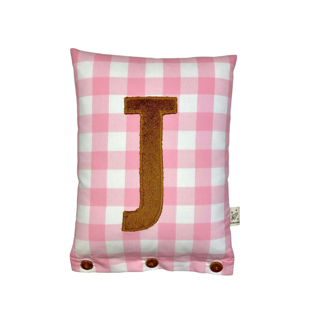 Letter Cushion J, Light Brown on Rose Gingham