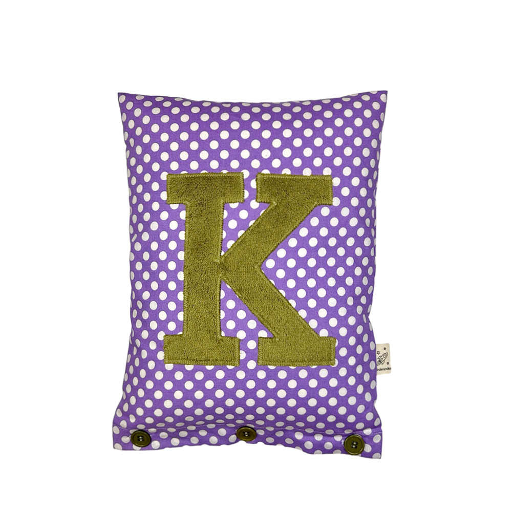 Letter Cushion K, Olive on Purple with white Dots
