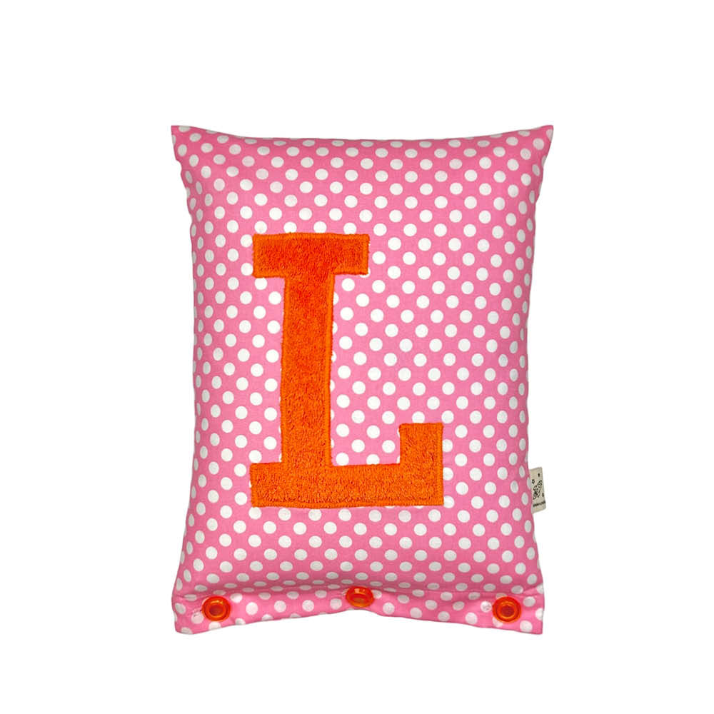 Letter Cushion L, Orange on Pink with white Dots