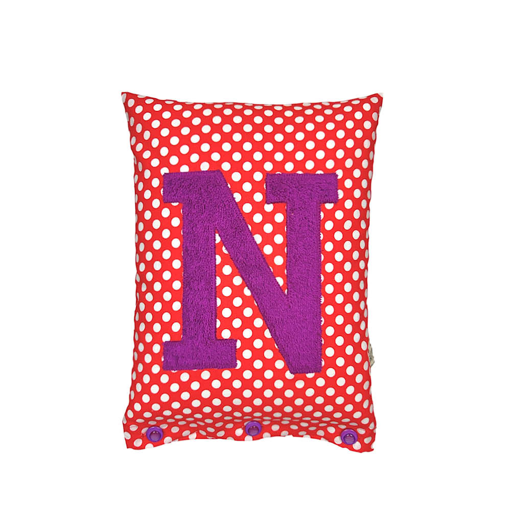 Letter Cushion N, Jacaranda-Purple on Light Red with white Dots
