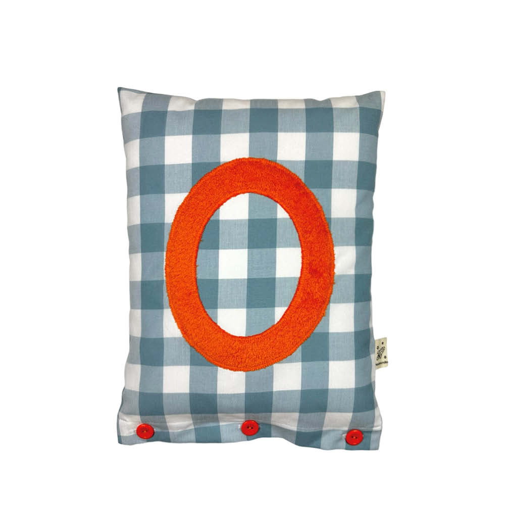 Letter Cushion O, Orange on Pigeon Blue Gingham