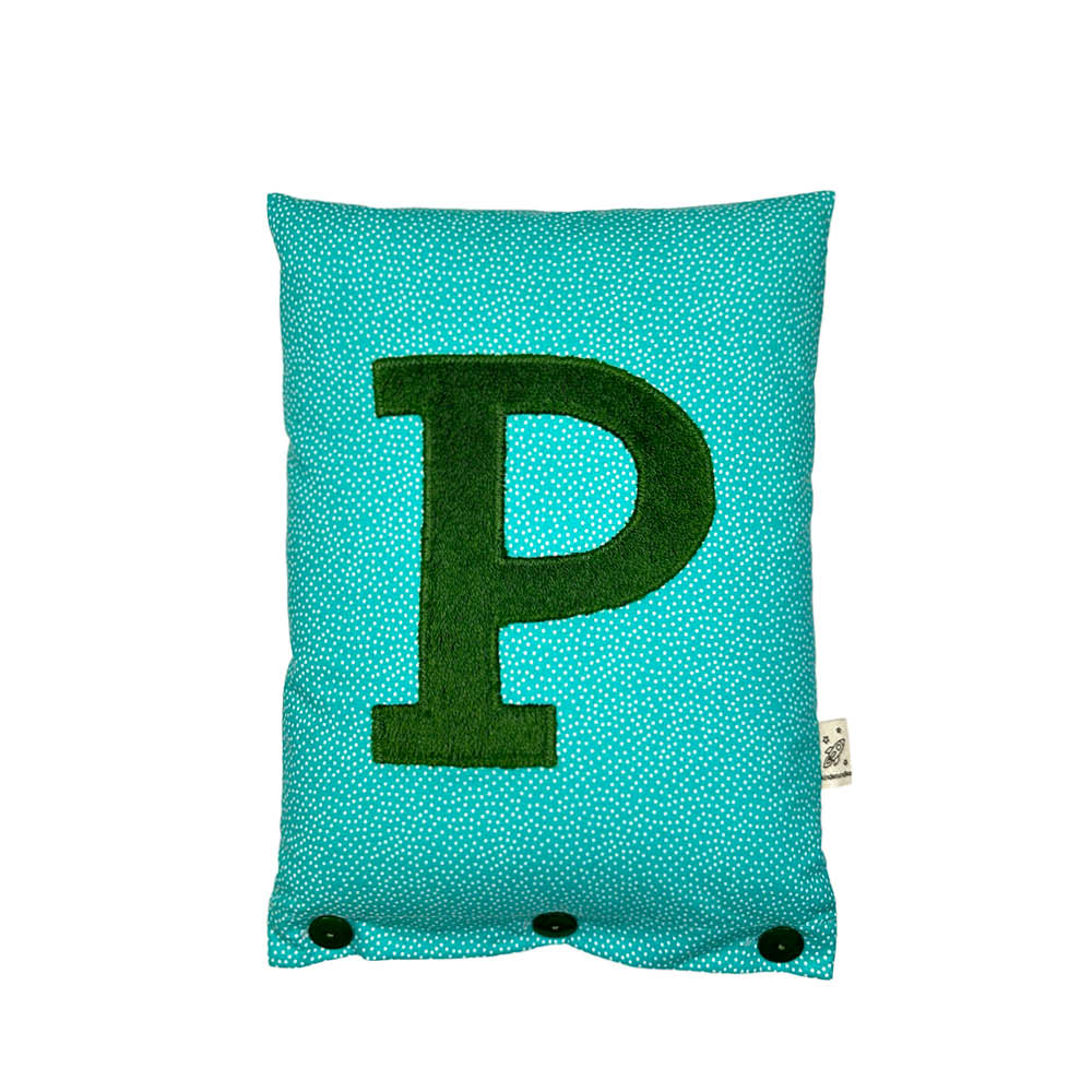 Letter Cushion P, Dark Green on Turquoise with white Dotties