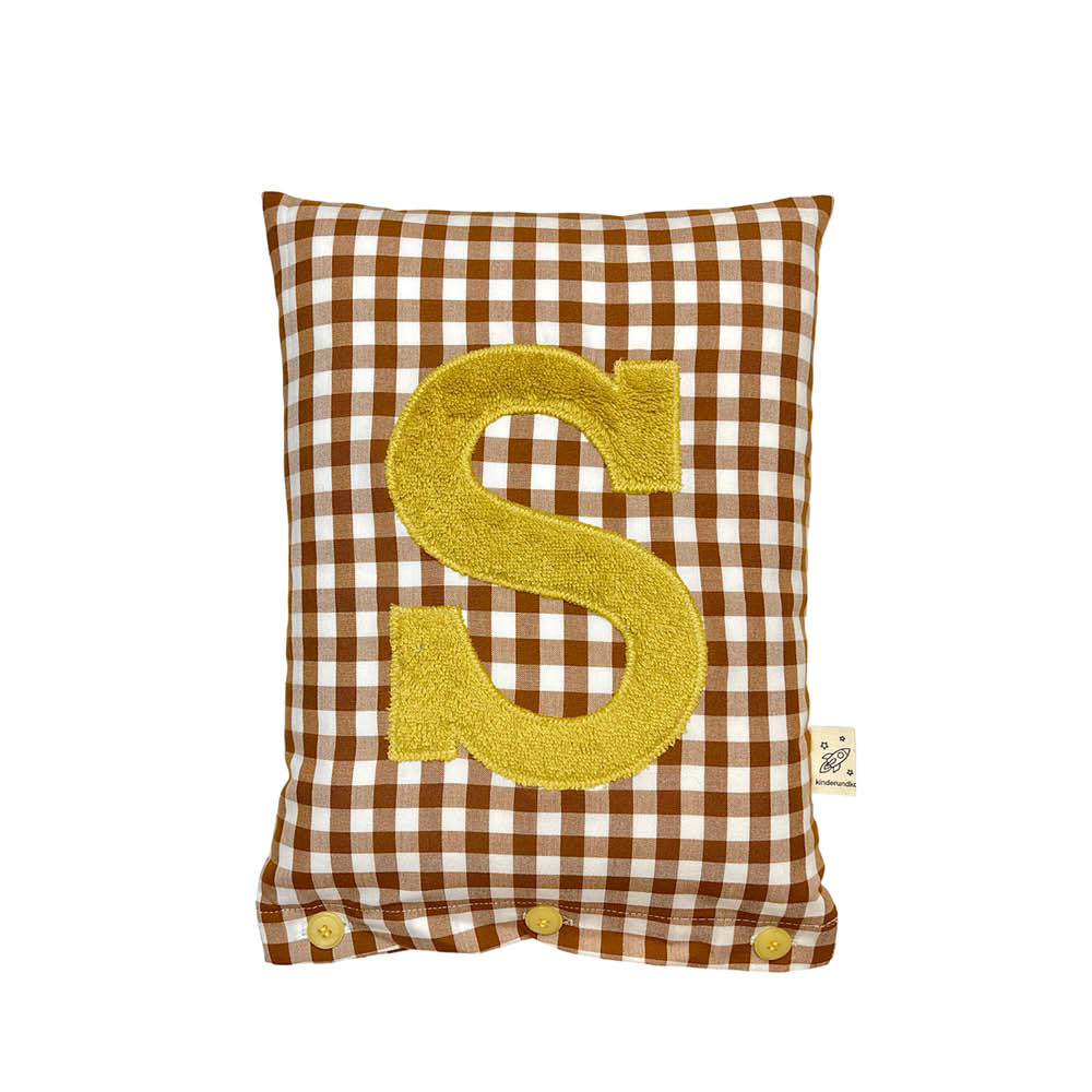 Letter Cushion S, Brass-Yellow on Brown Gingham