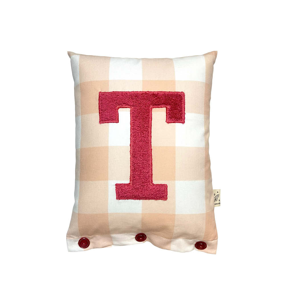 Letter Cushion T, light Brick Red on Nude Gingham