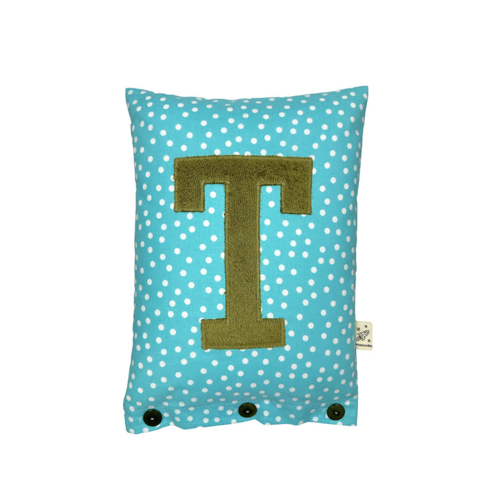 Letter Cushion T, Olive on Turquoise with white Dots