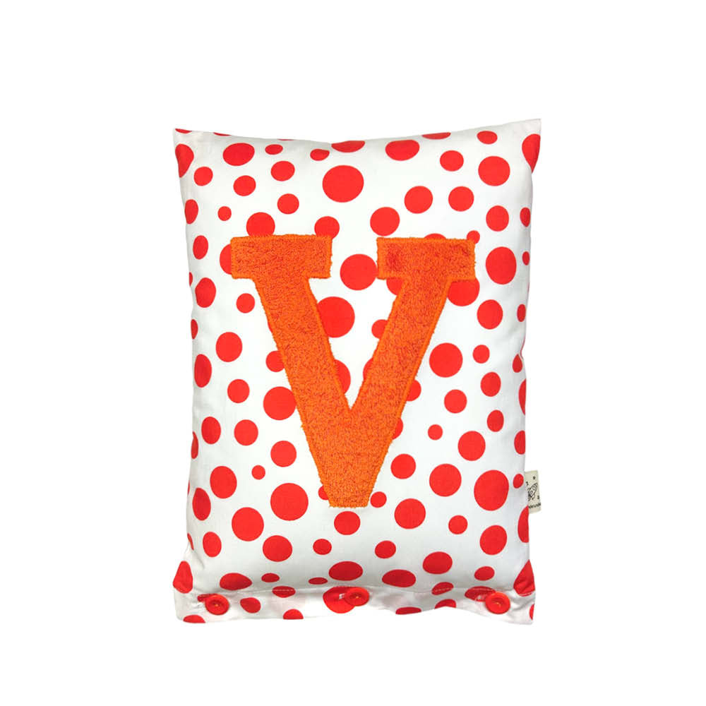 Letter Cushion V, Orange on White with orange-red Dots