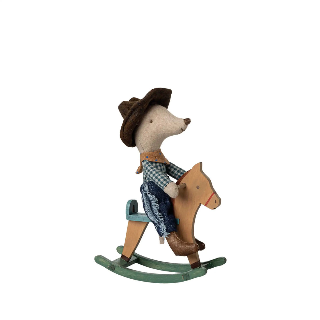 Kleiner Bruder Cowboy Maus auf Schaukelpferd