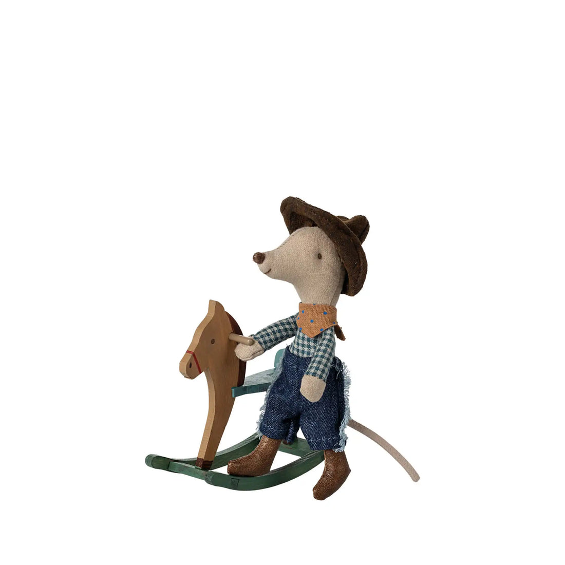 Kleiner Bruder Cowboy Maus auf Schaukelpferd