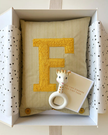 Letter Cushion Mustard Yellow on small olive/white Stripes