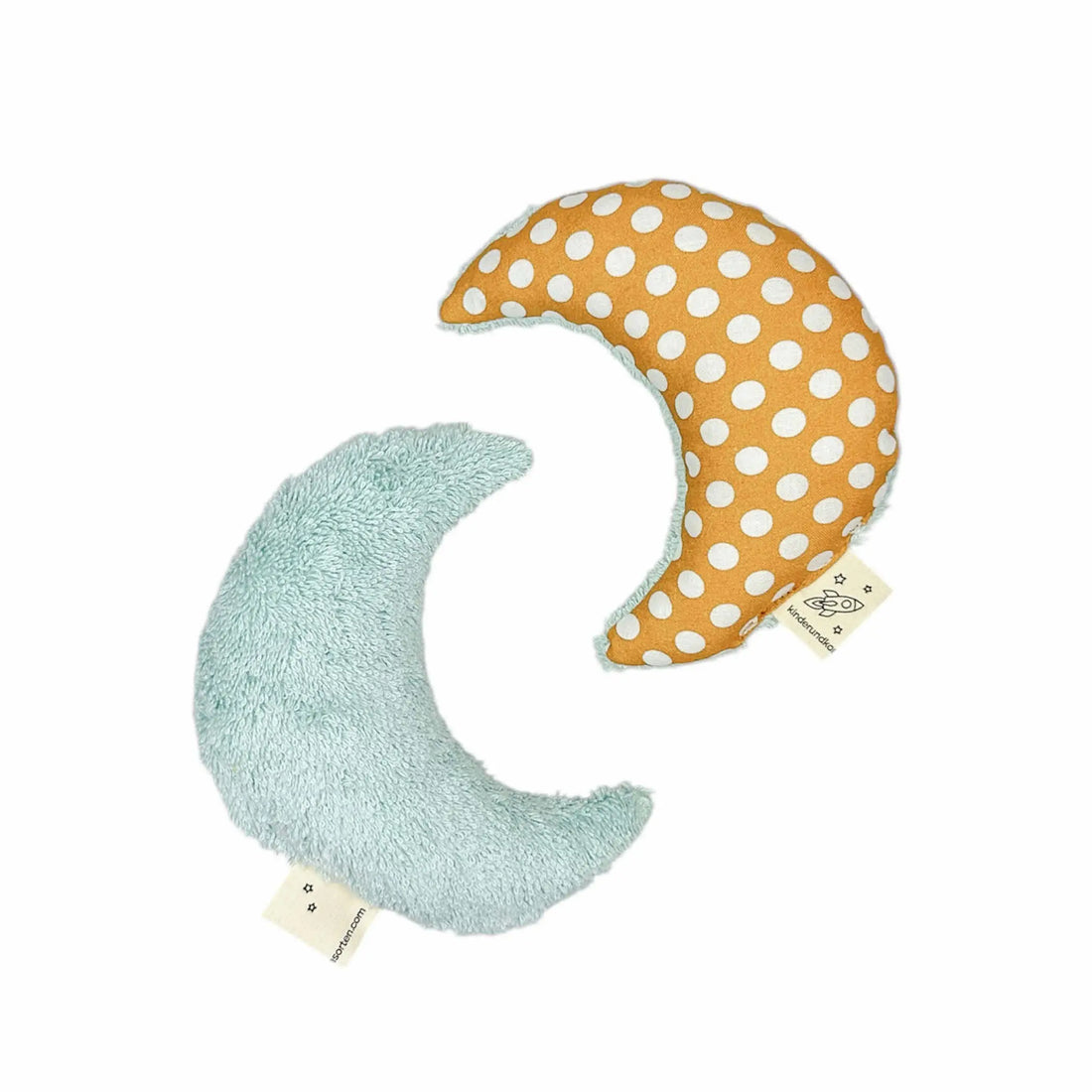 Moon Rattle in ochre polka dots &amp; light blue terry cloth