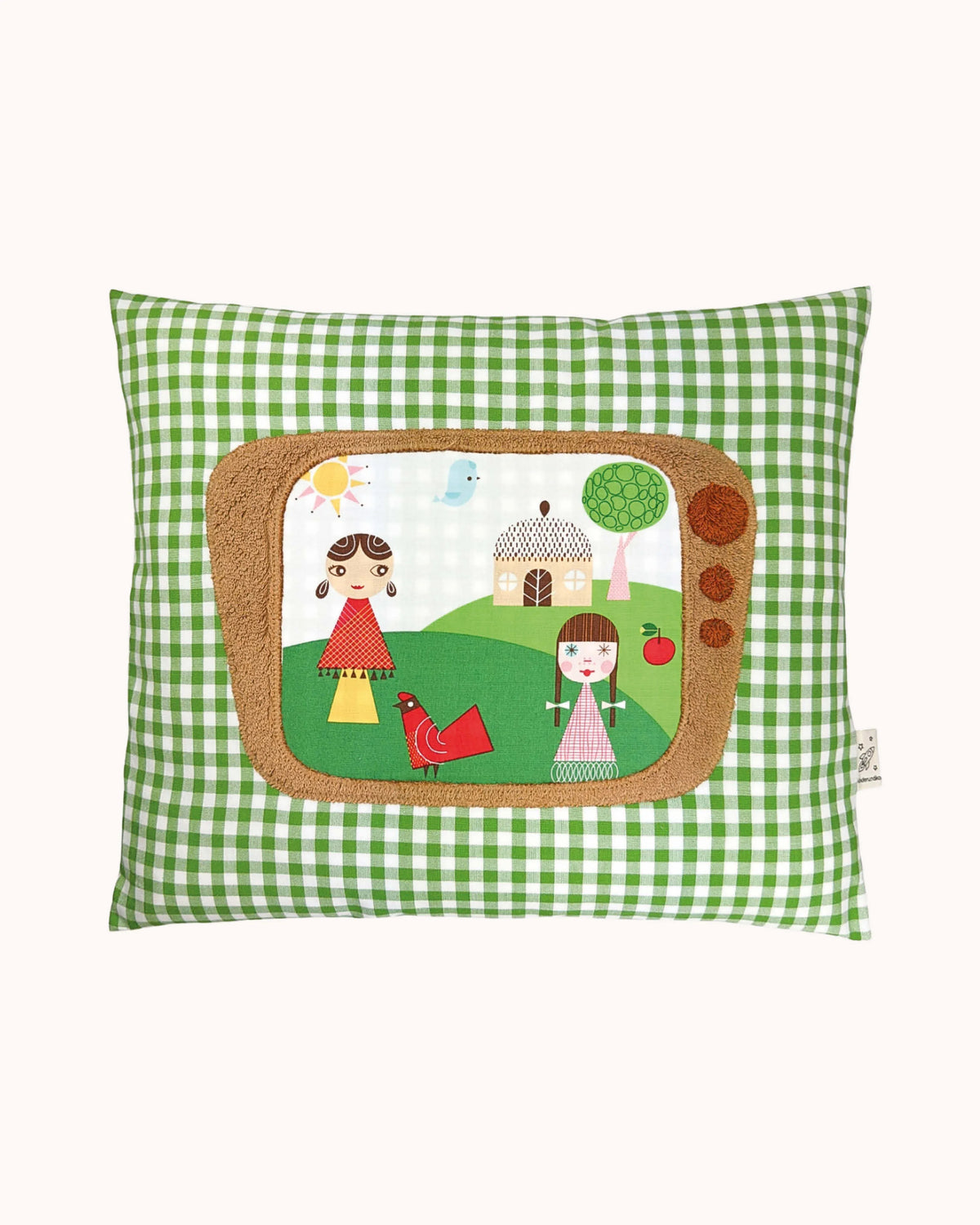 Pixie Cushion TV on green Gingham