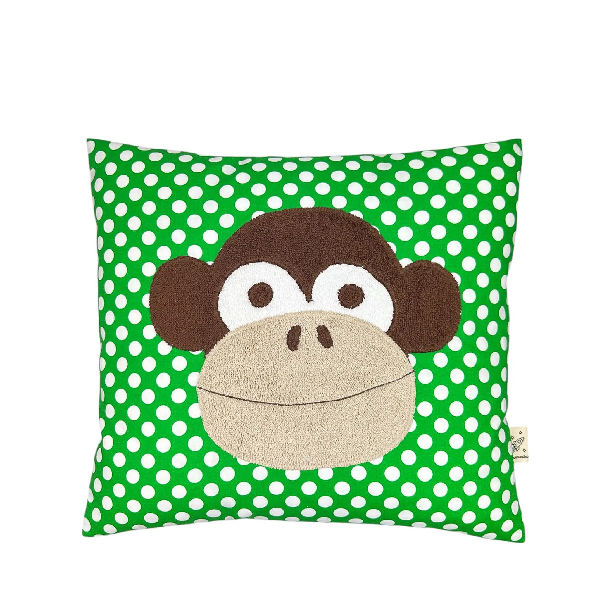 Pixie Cushion Monkey on Green with white Dots