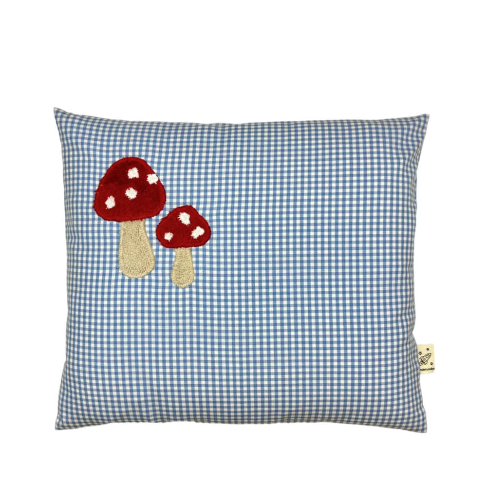 Pixie Cushion Fly Agaric on Blue Gingham