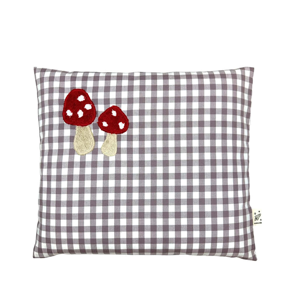 Pixie Cushion Fly Agaric on Taupe Gingham