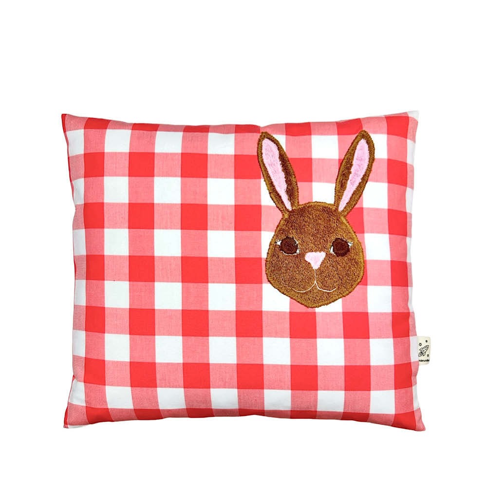 Pixie Cushion Bunny Head on Coral Gingham