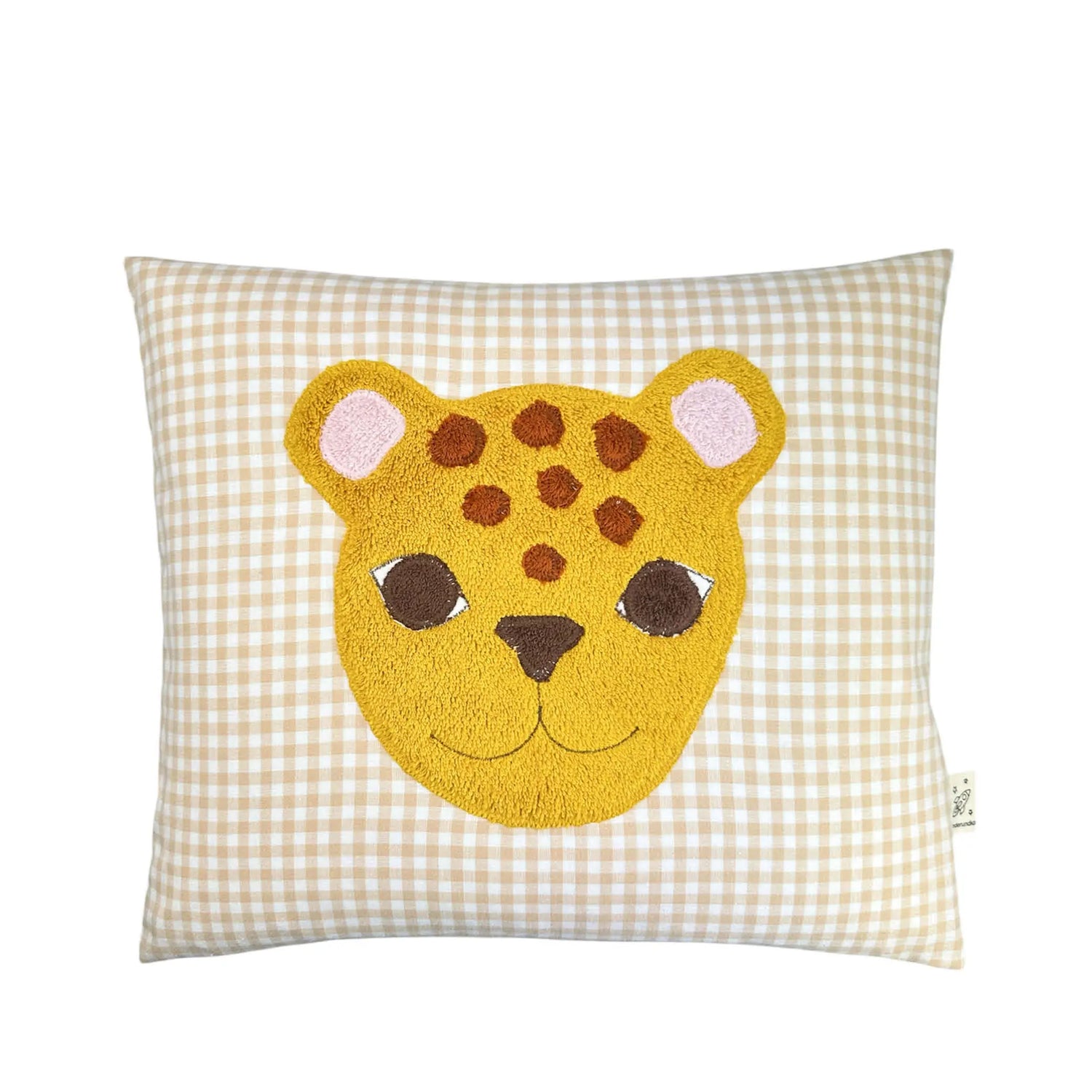 Pixie Kissen Leopardenkopf auf beige Vichykaro